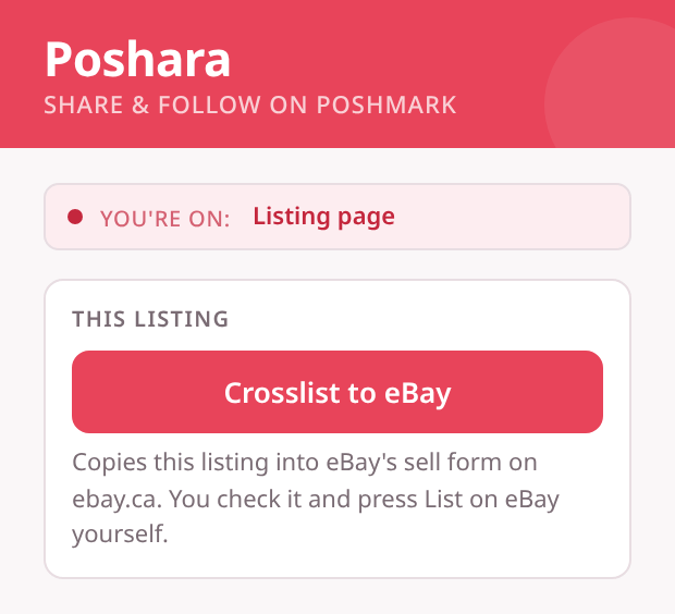 The Poshara popup on a Poshmark listing page with Pro on, showing the Crosslist to eBay button and the note that you check the listing and press List on eBay yourself.