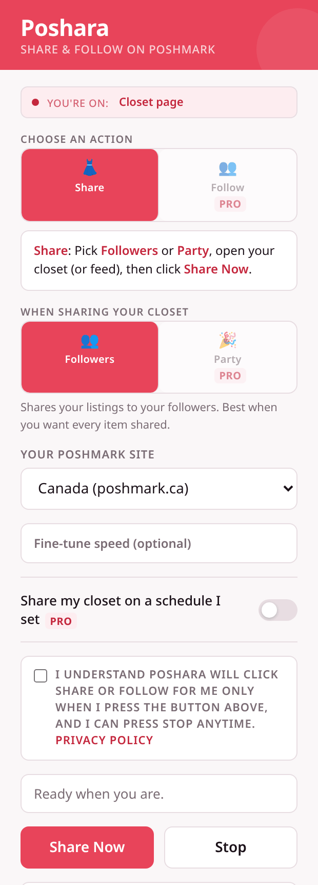 The Poshara popup on a Poshmark closet page: Share is selected, sharing goes to Followers, the site is set to Canada (poshmark.ca), a consent box to confirm the run, and the Share Now and Stop buttons.